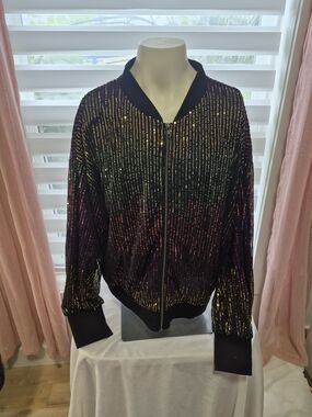 Flying Tomato Black Sequin Stripe Bomber Jacket